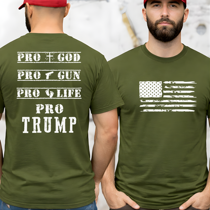 Person wearing a green t-shirt with 'Pro Trump' text and American flag design.