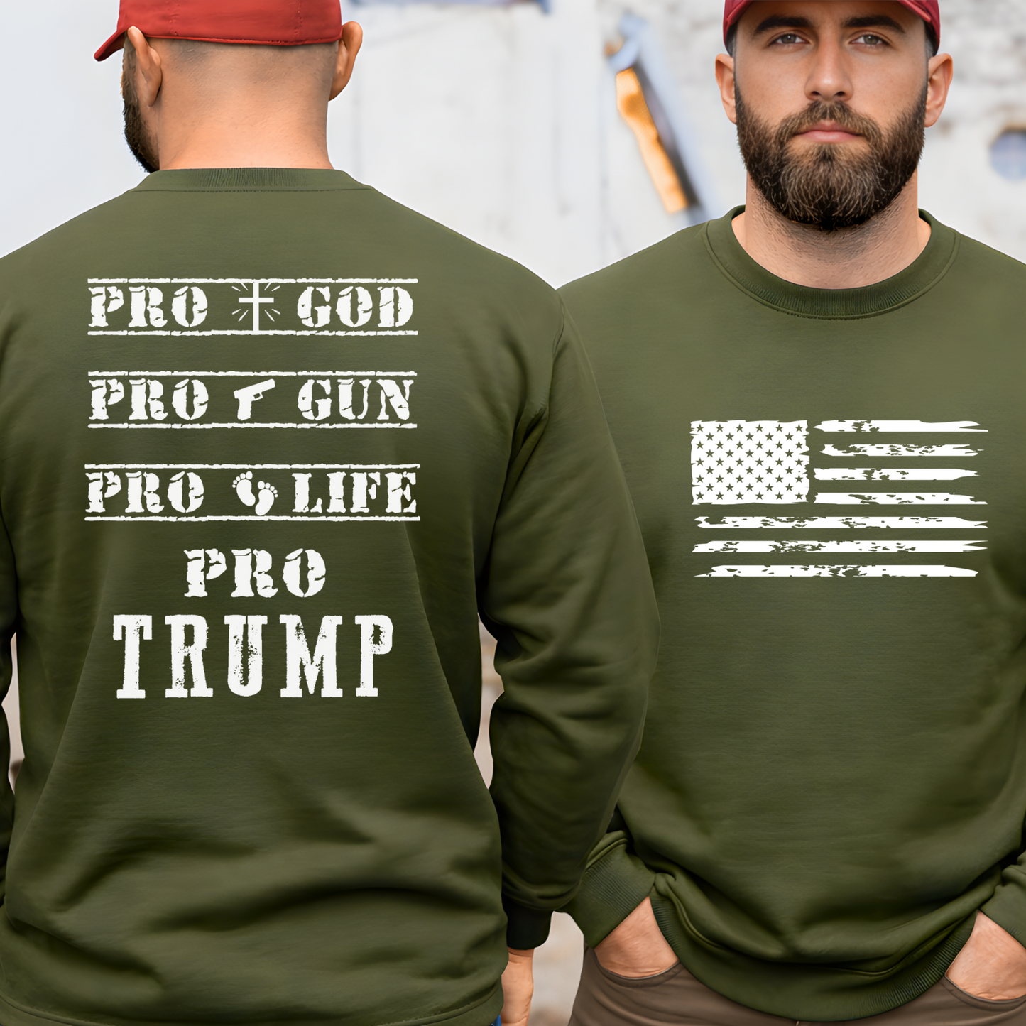 Man wearing a green long-sleeve shirt with pro-Trump text and graphics.