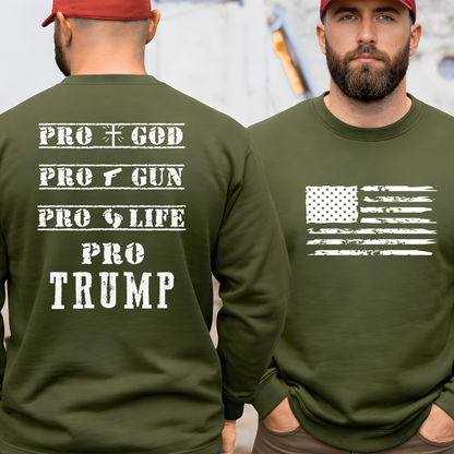 Man wearing a green long-sleeve shirt with pro-Trump text and graphics.