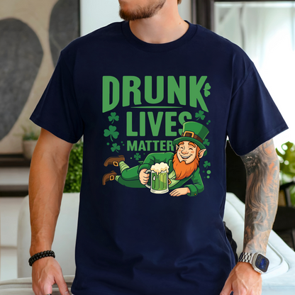 man wearing a blue Drunk Lives Matter Tshirt with a leprechaun holding a beer mug