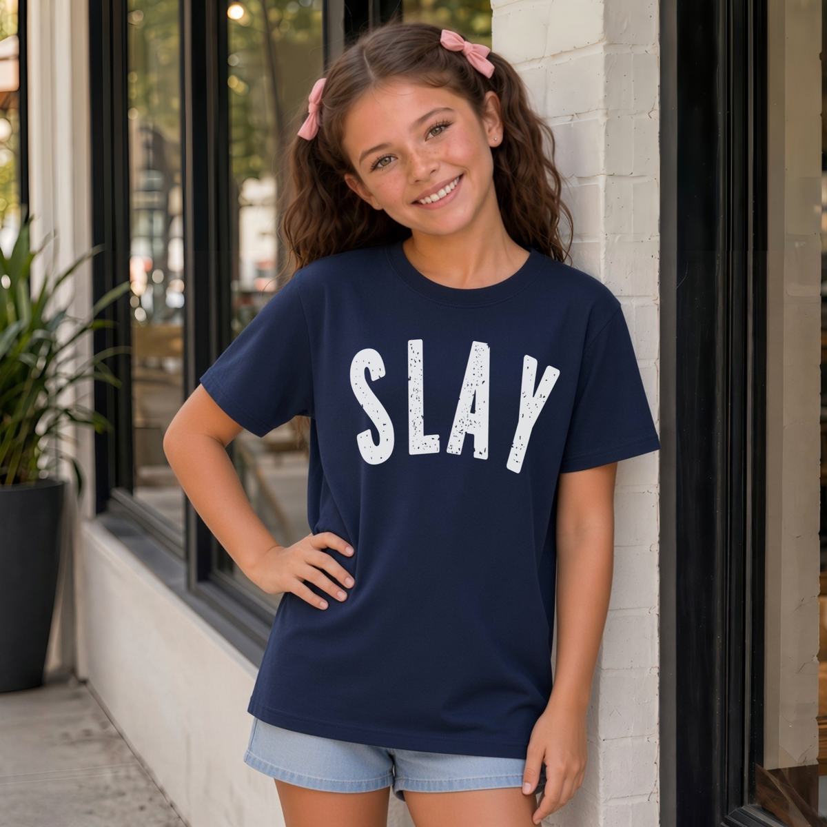 Young girl wearing a navy short-sleeve SLAY T-shirt with bold white distressed lettering outside a modern storefront.
