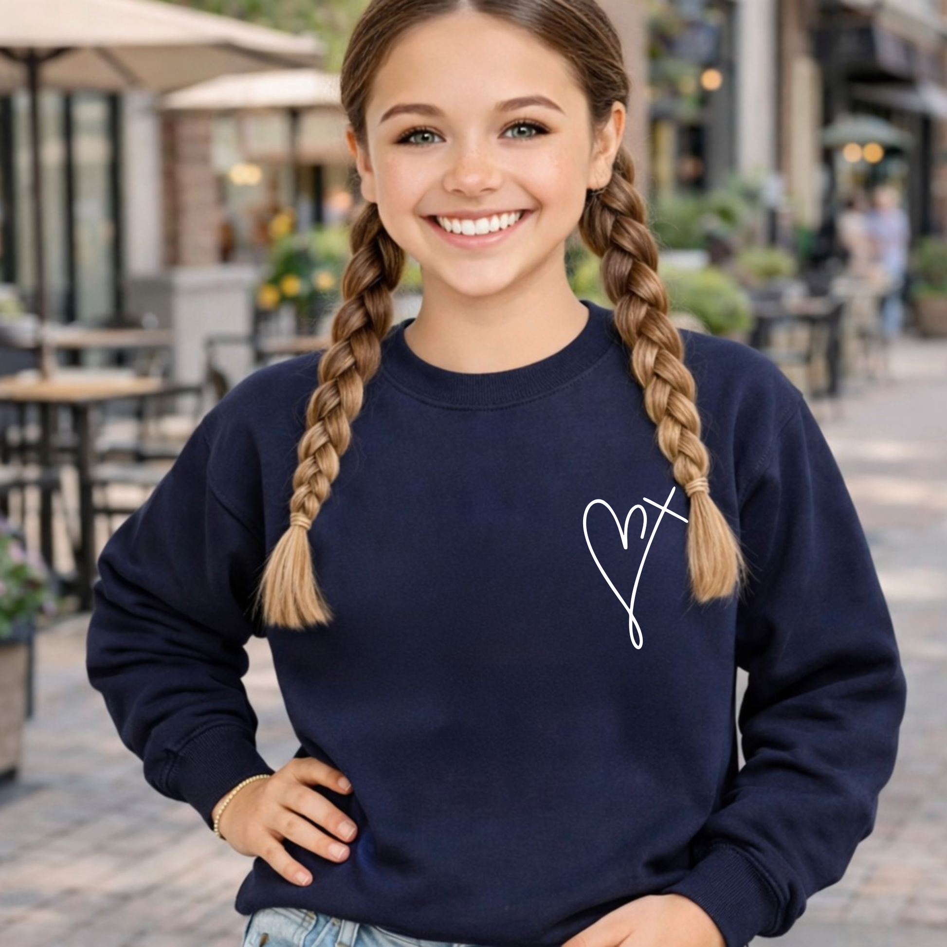 Girls navy blue Christian sweatshirt front Jesus has my back youth faith graphic top