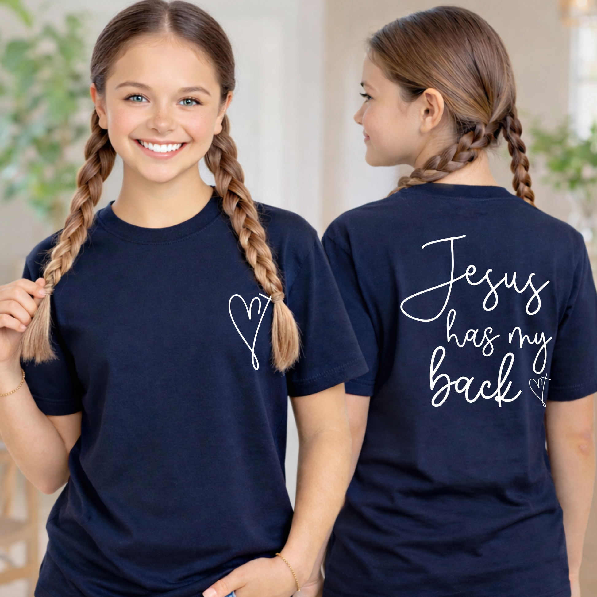 Girls navy blue Christian t-shirt front and back Jesus has my back youth faith graphic tee