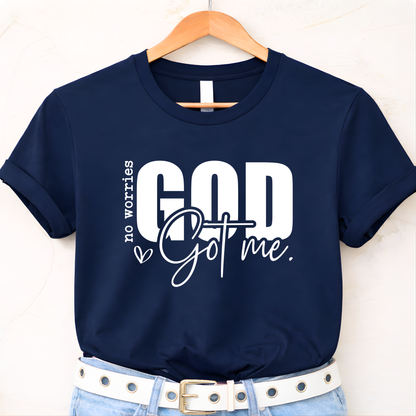 Black Christian flat-lay T-shirt on hanger
