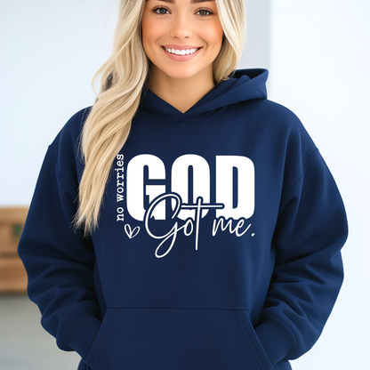 Woamn wearing a "No worries, GOD got me" Hoodie