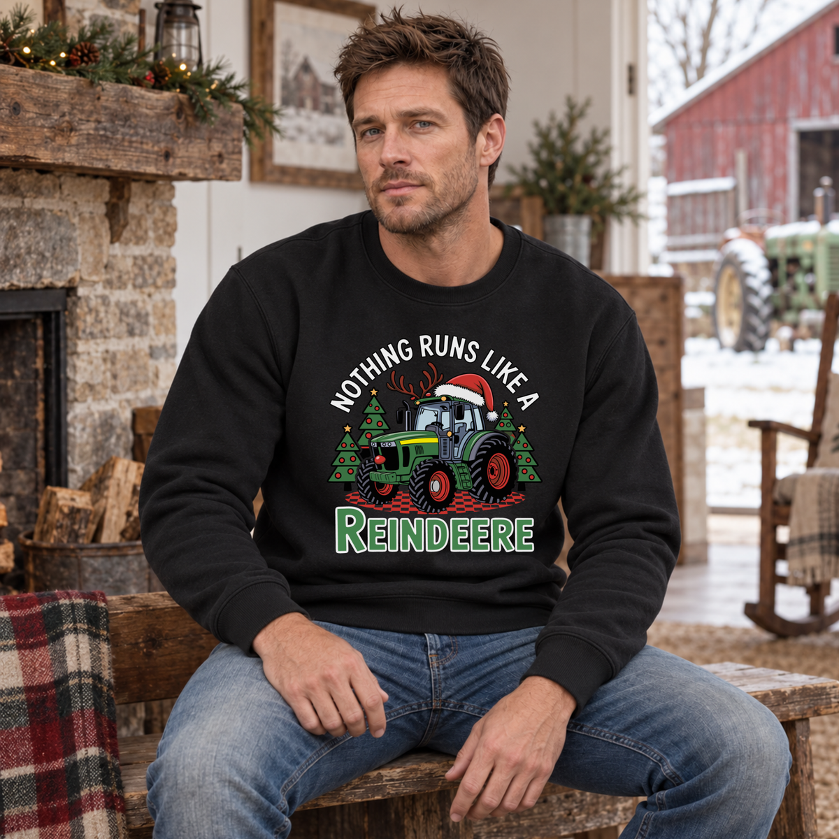 Man wearing a black Nothing Runs Like a Reindeere sweatshirt beside a rustic farmhouse mantel.