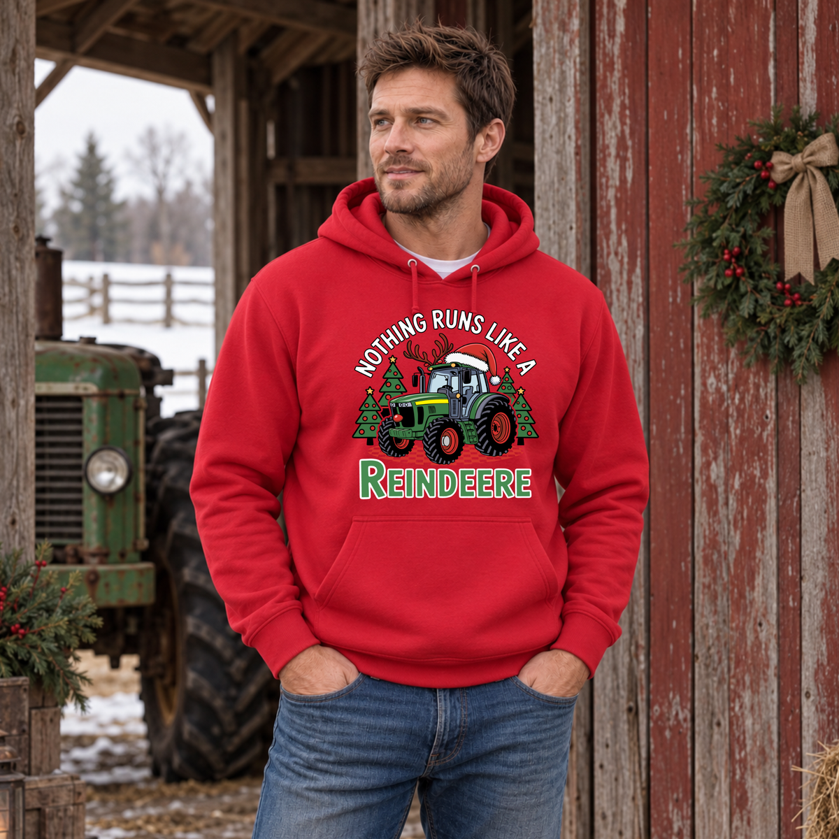 Man wearing a red Nothing Runs Like a Reindeere hoodie beside a weathered red barn and green tractor.