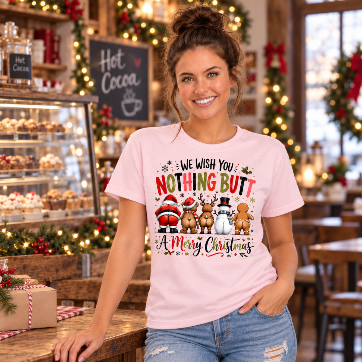 Woman wearing a light pink T-shirt with We Wish You Nothing Butt a Merry Christmas design with rear-view Santa, bear, reindeer, snowman and gingerbread characters beside holiday gifts and baked goods