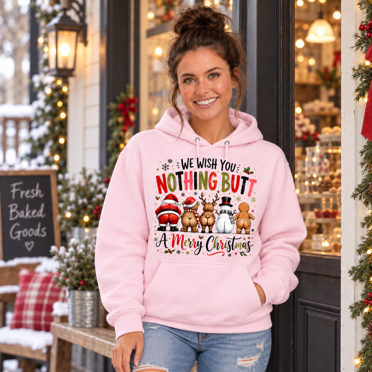 Woman wearing a light pink hoodie with We Wish You Nothing Butt a Merry Christmas design with rear-view Santa, bear, reindeer, snowman and gingerbread characters outside a snowy Christmas bakery