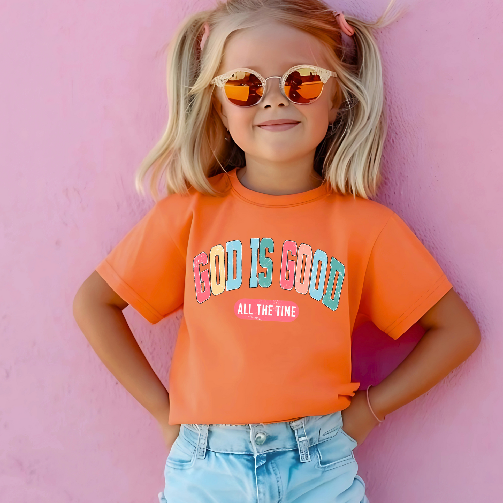 Smiling girl wearing a orange T-shirt with the message 'God Is Good All the Time' in colorful text, symbolizing faith and positivity. Perfect for Easter and Christian-themed apparel.