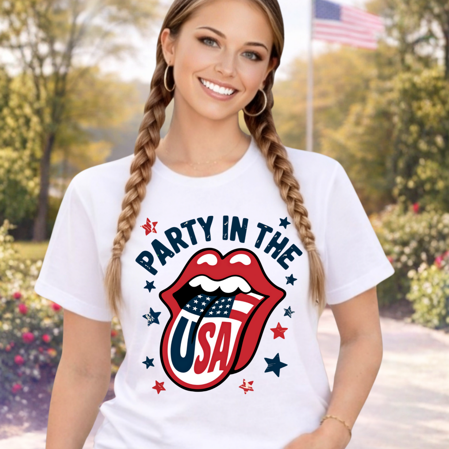 Woman wearing a white "Party In The USA" graphic 4th of July Tshirt.