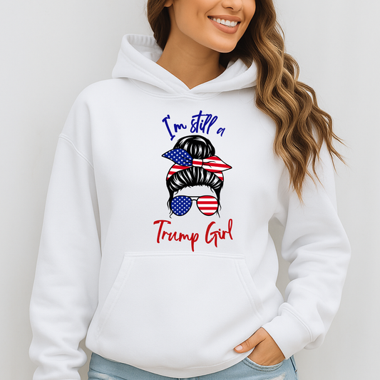 Patriotic women’s hoodie with red, white, and blue hair bow and sunglasses design