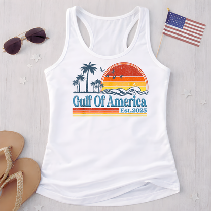 White Gulf of America tank top flat lay with patriotic graphic design, summer beach apparel for women
