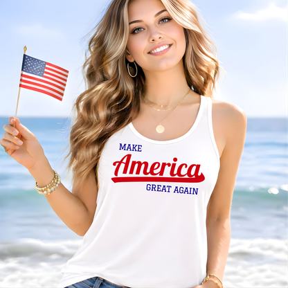 Woman on a beach wearing a tank top with 'Make America Great Again' text, holding an American flag.