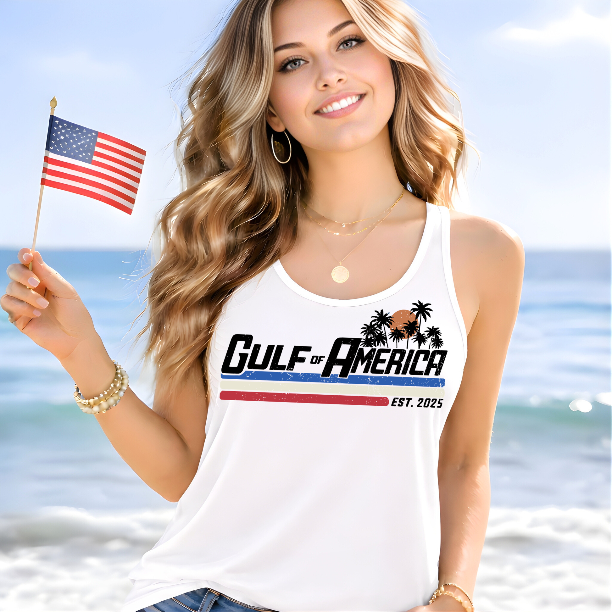 White women’s racerback tank top with Gulf of America graphic, worn by blonde model holding American flag on beach, close-up lifestyle mockup