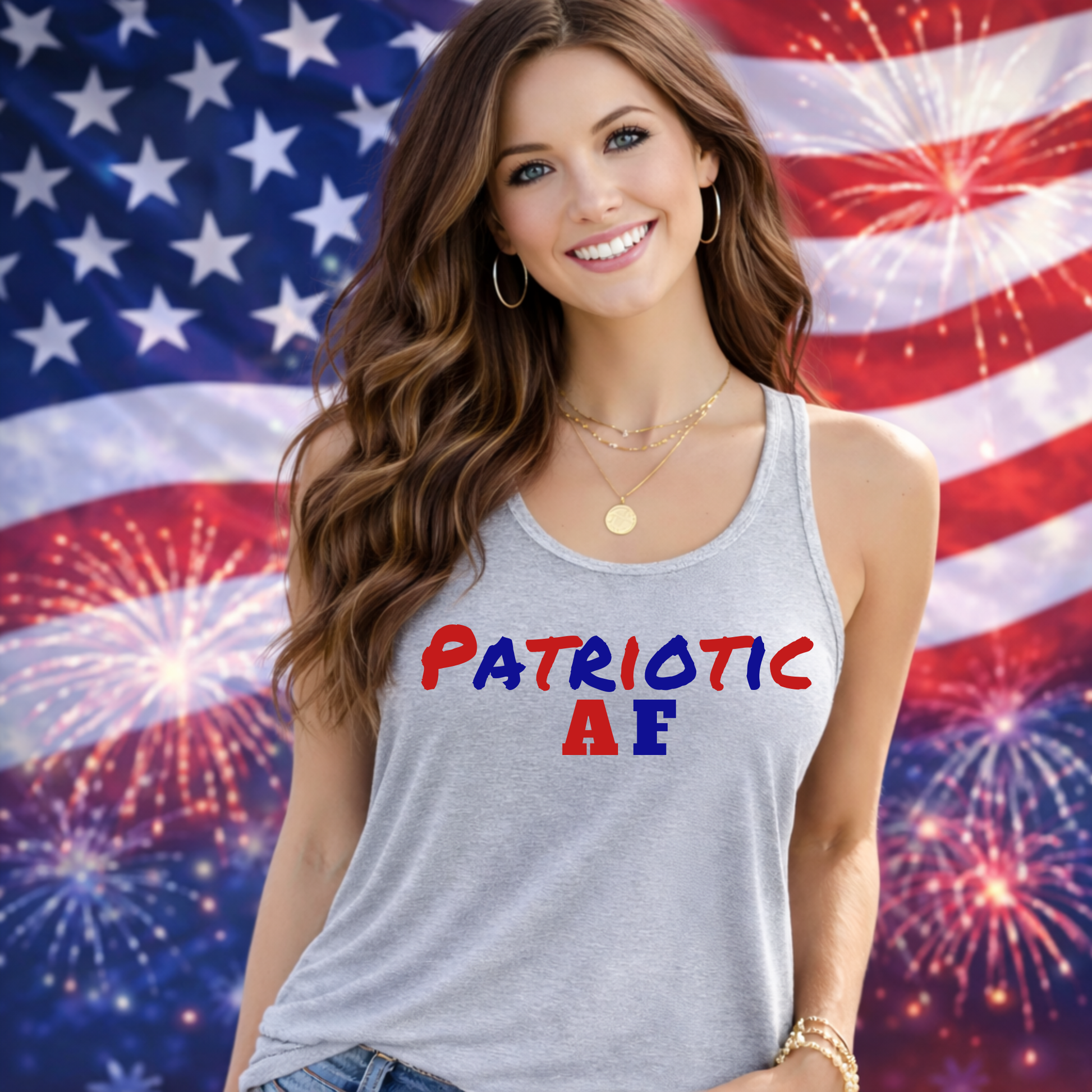 Woman wearing a tank top with 'Patriotic AF' text in front of an American flag and fireworks.