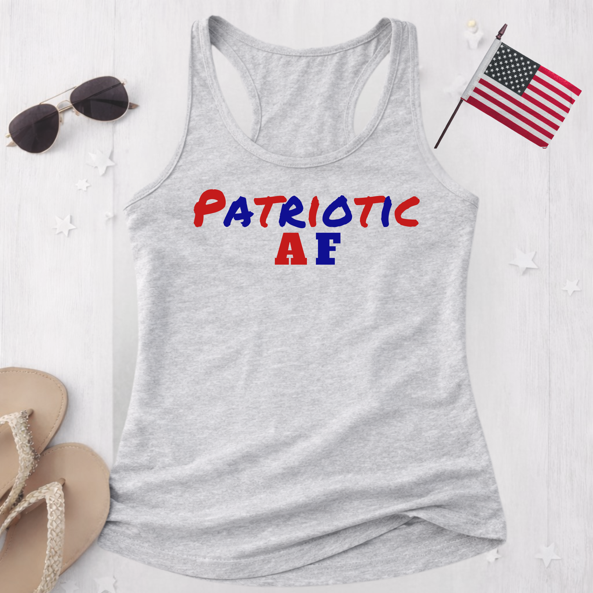 Gray tank top with 'Patriotic AE' text, sunglasses, and American flag on a white background