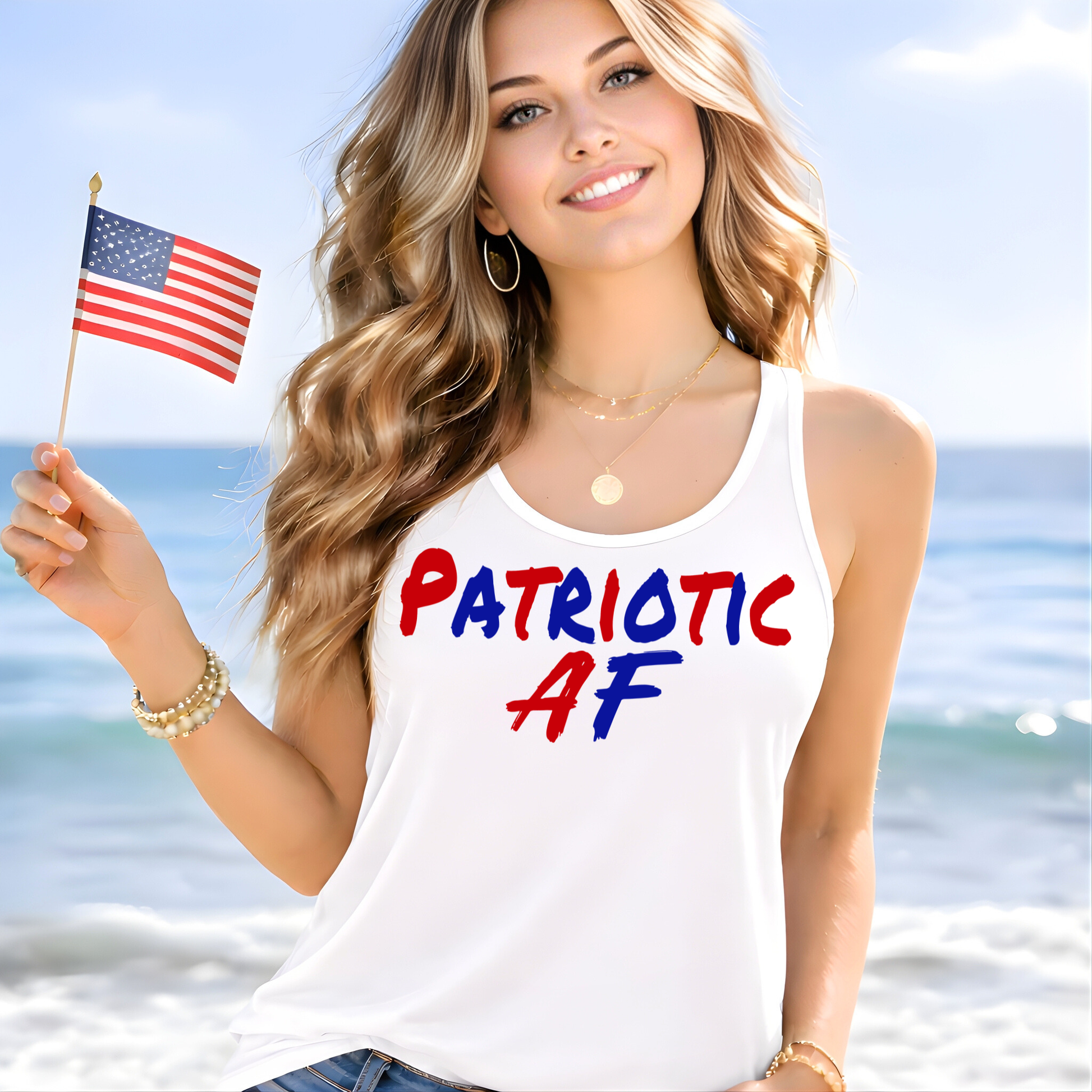 patriotic AF white tank top womens 4th of July shirt holding American flag