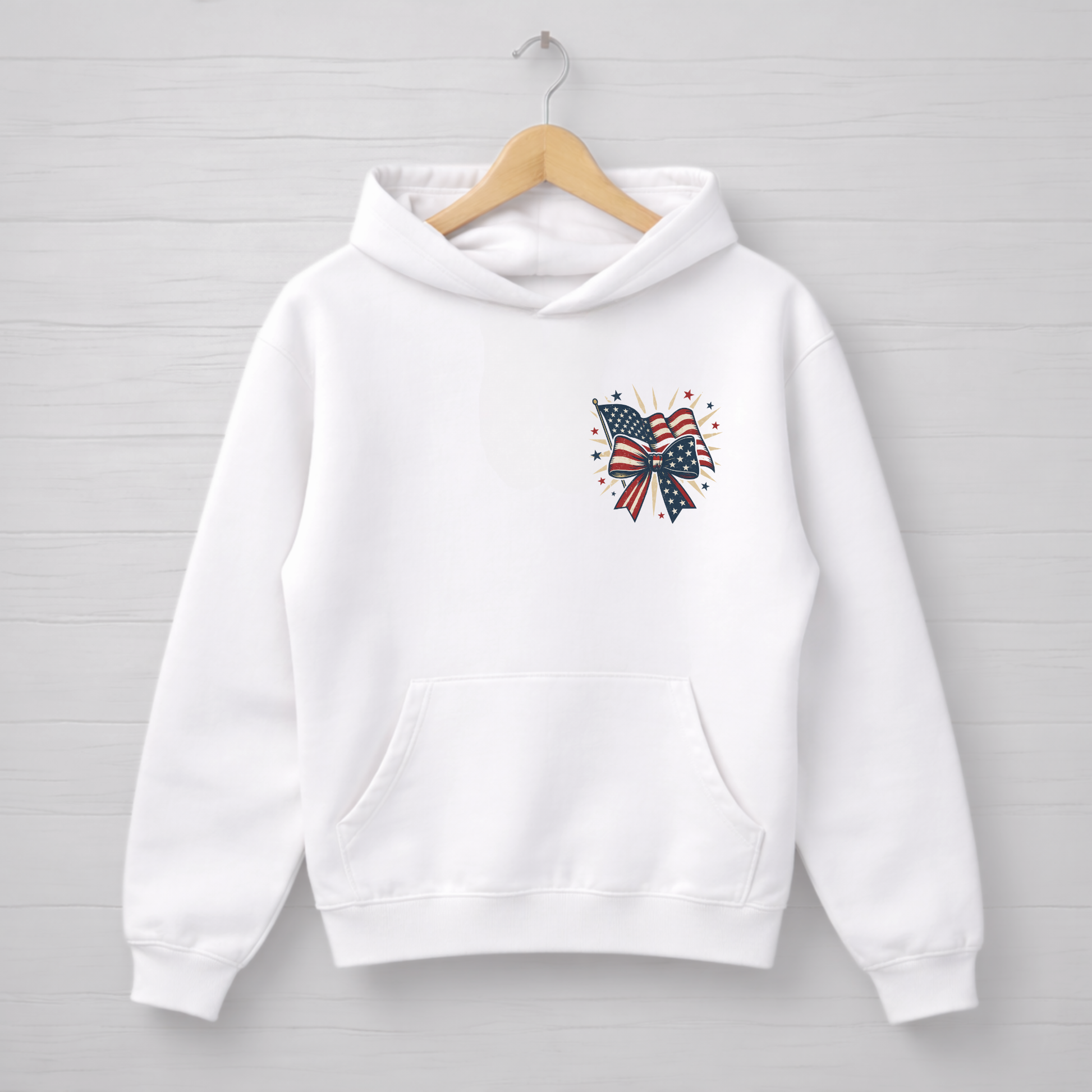 White hoodie with a butterfly design featuring red, white, and blue colors on a wooden hanger against a light gray background.