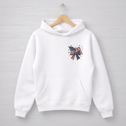 White hoodie with a butterfly design featuring red, white, and blue colors on a wooden hanger against a light gray background.