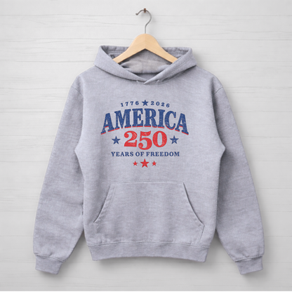 Gray hoodie with 'America 250 Years of Freedom' text on a wooden hanger against a light gray background