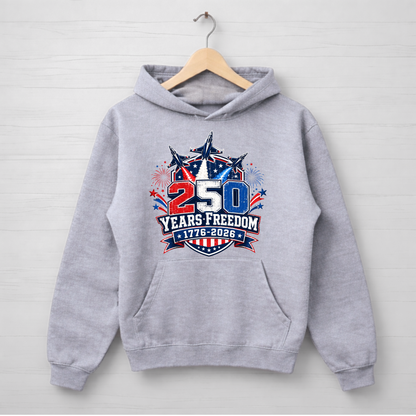 Gray hoodie with '250 Years Freedom' design on a wooden hanger against a light gray background