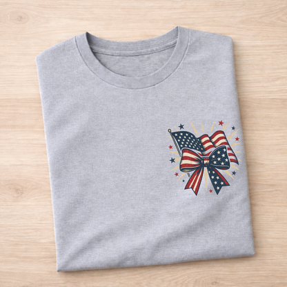 Folded gray t-shirt with a patriotic design on a wooden surface