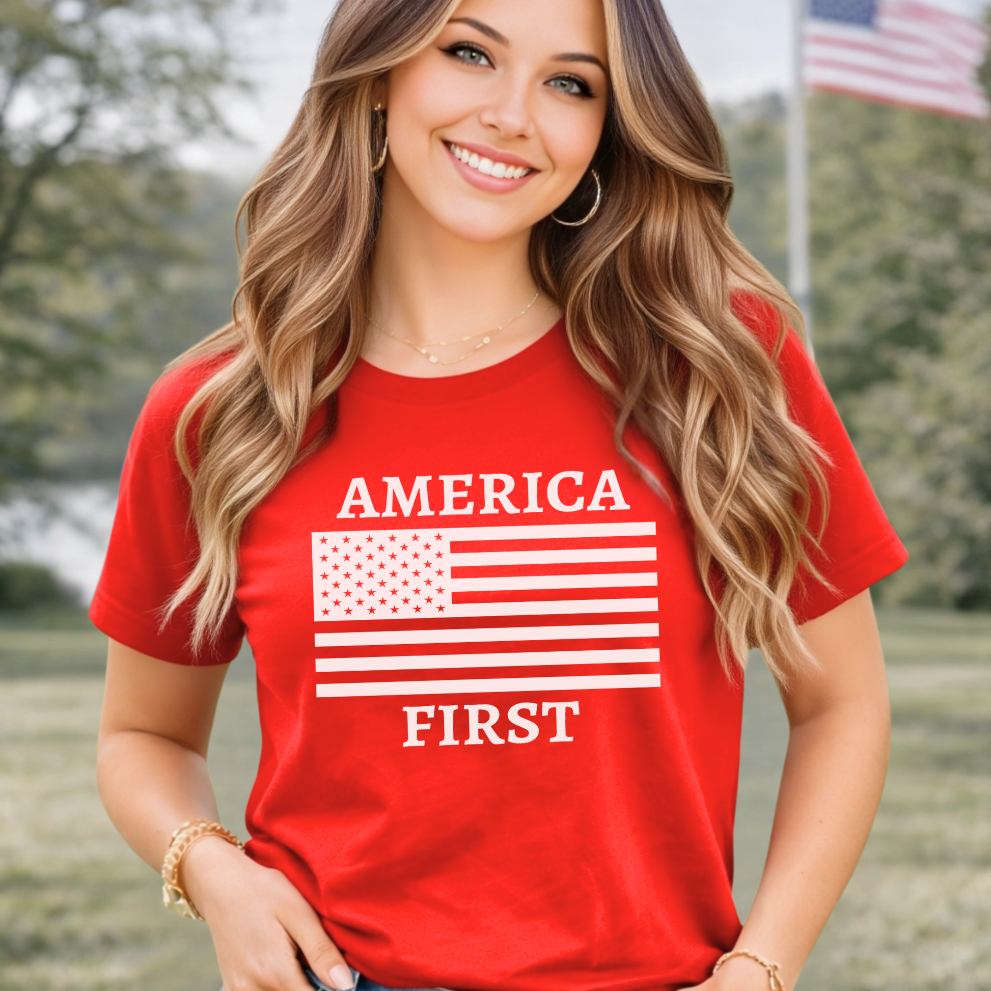 Woman wearing red patriotic women's t-shirt with American flag graphic outdoors – America 250 anniversary tee.

