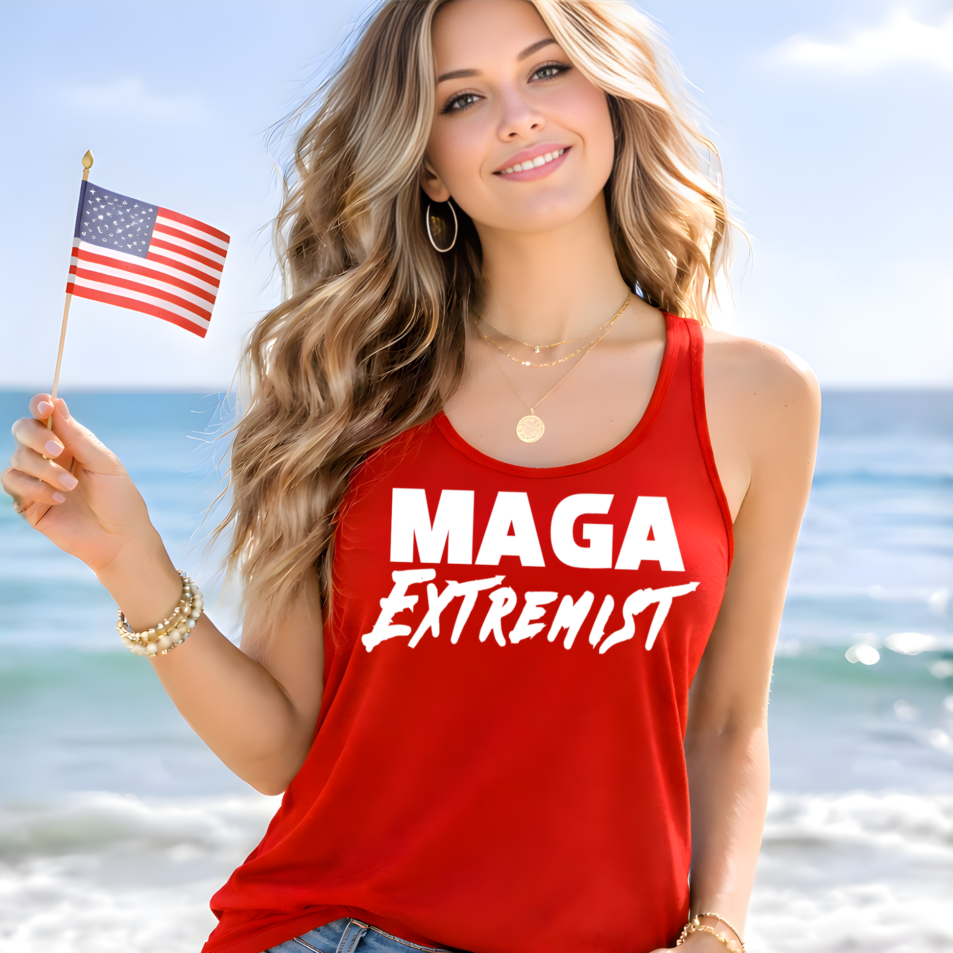 Woman wearing a red tank top with 'MAGA Extremist' text, holding an American flag on a beach.