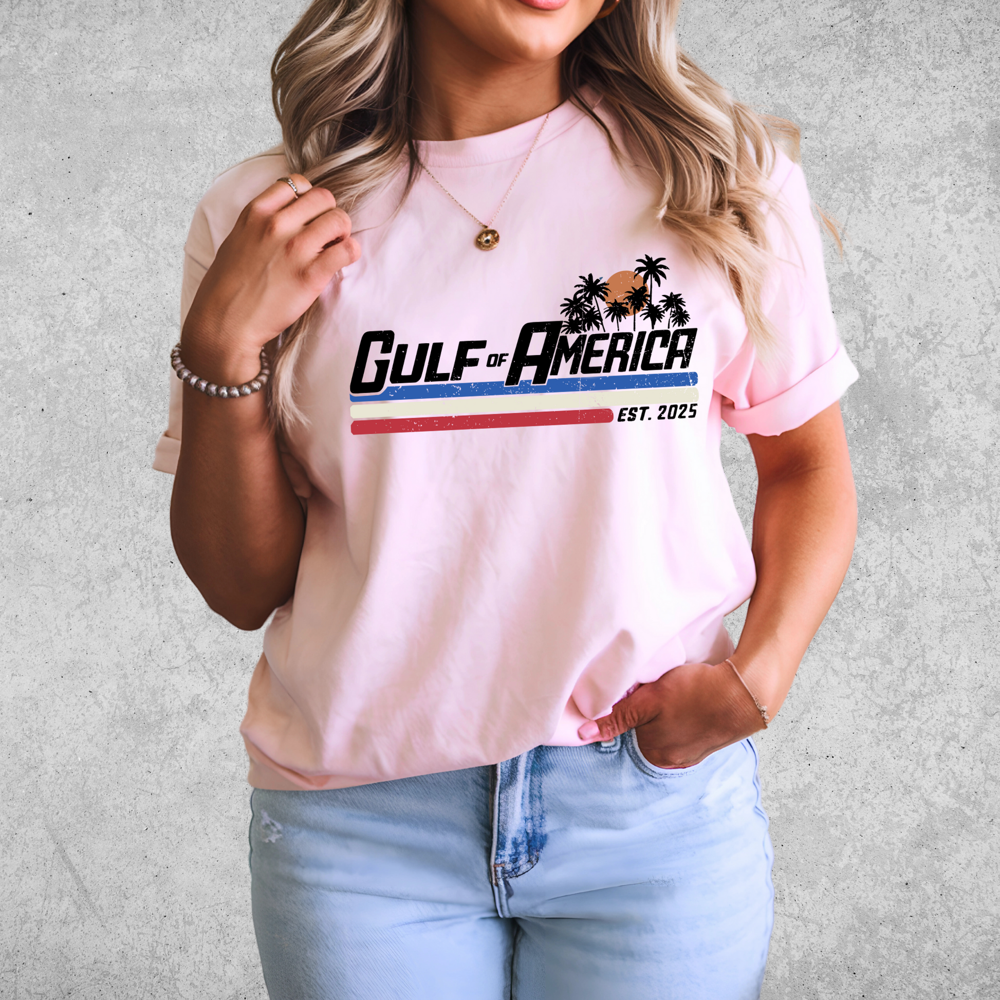 Pink Sand-colored Summer 2025 patriotic shirt with tropical print