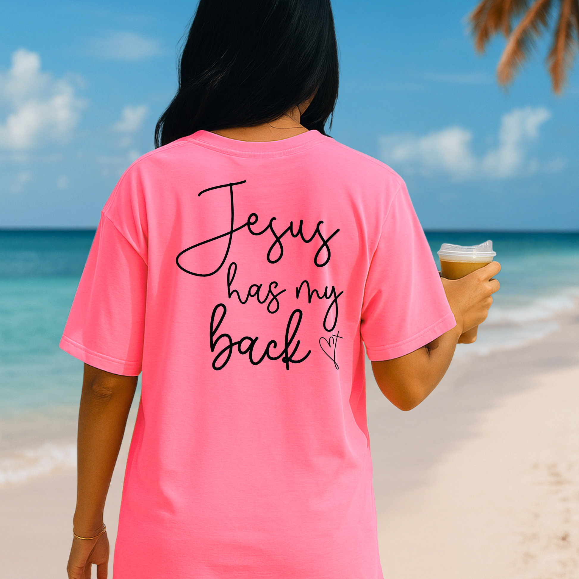 Bright Pink t-shirt with “Jesus Has My Back” back print