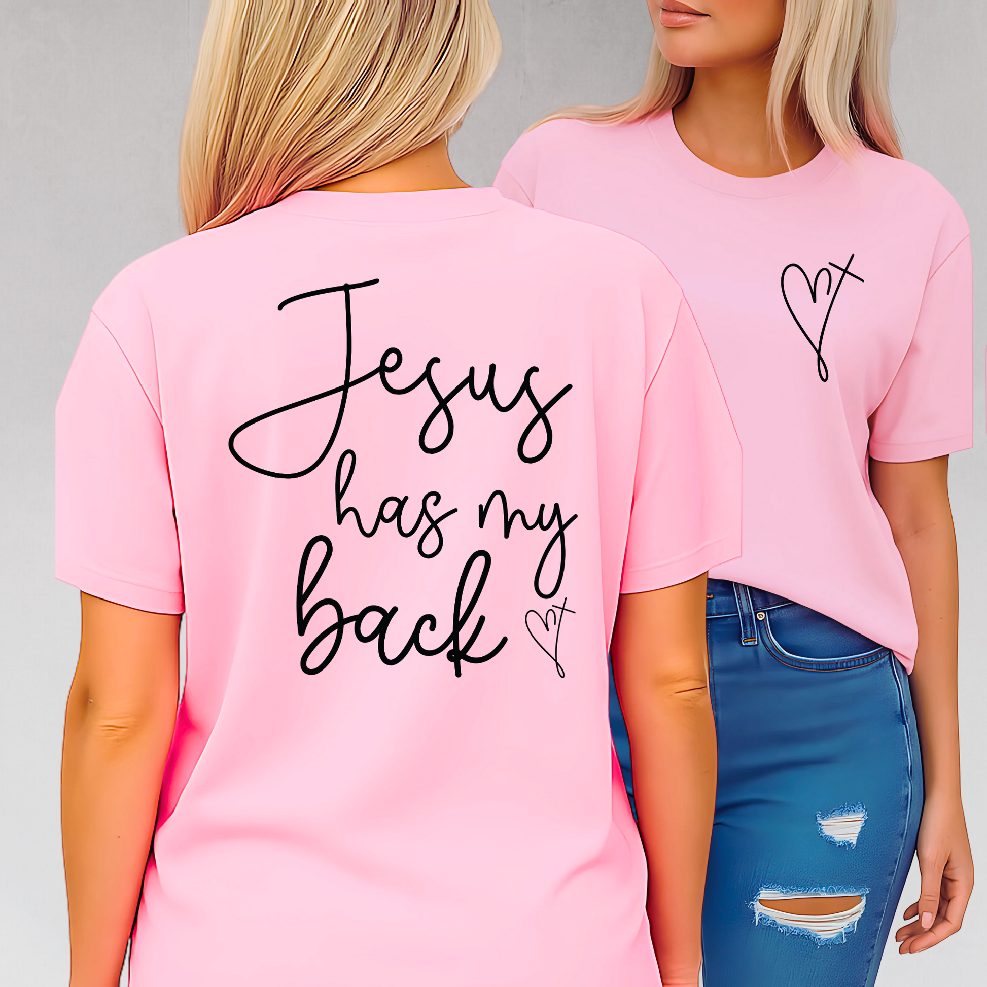 Pink t-shirt with “Jesus Has My Back” back print