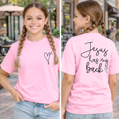 Girls light pink Christian t-shirt outdoor front and back Jesus has my back youth faith shirt
