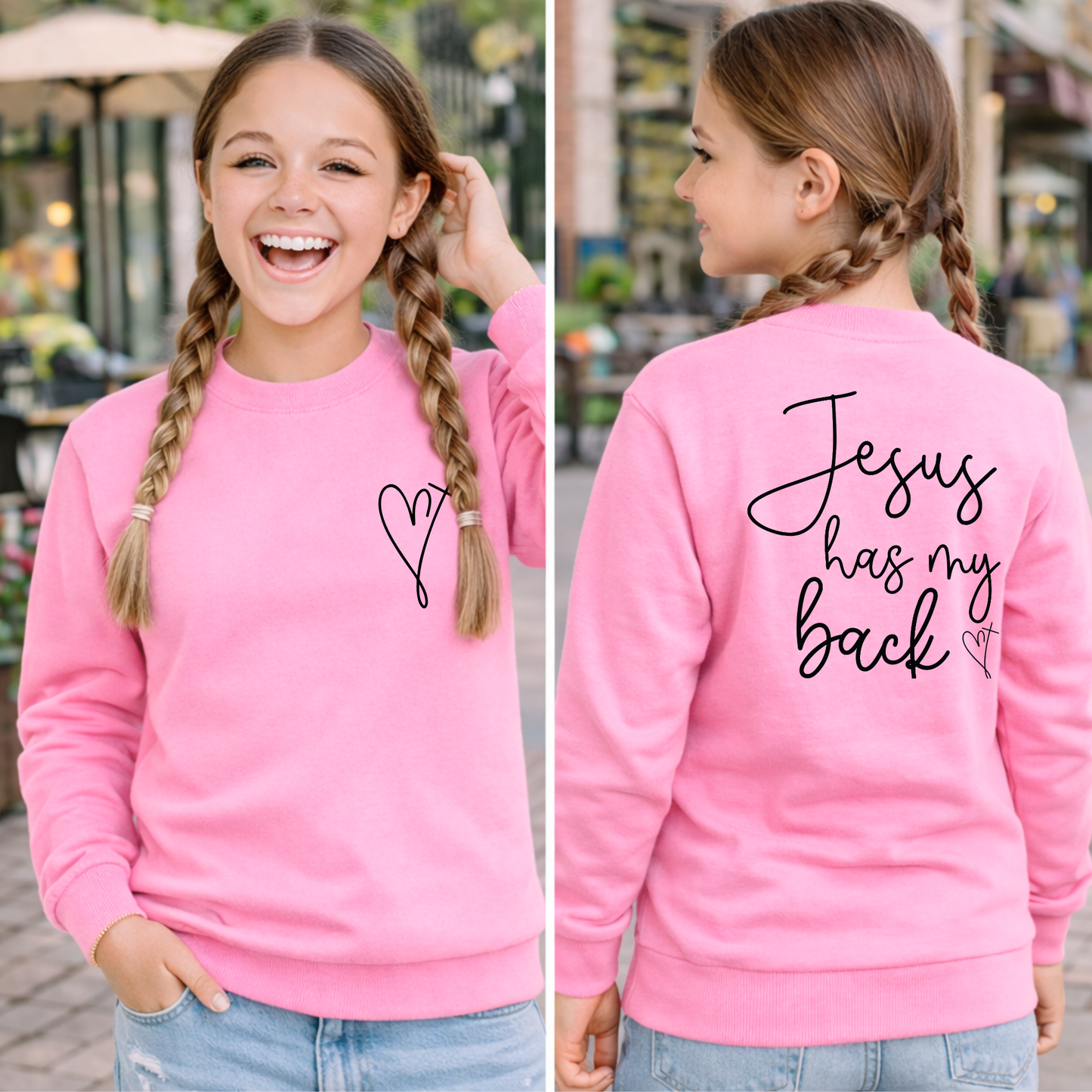 Girls pink crewneck sweatshirt front and back Jesus has my back youth Christian sweatshirt