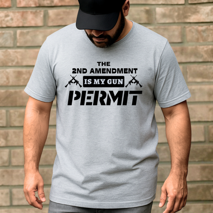 Man wearing a gray t-shirt with a Second Amendment graphic and text against a brick wall.