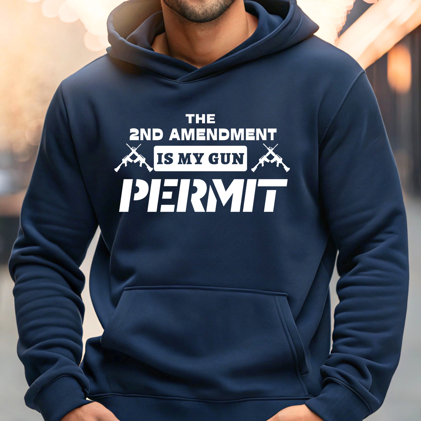 Navy blue hoodie with white text and graphics on a blurred background