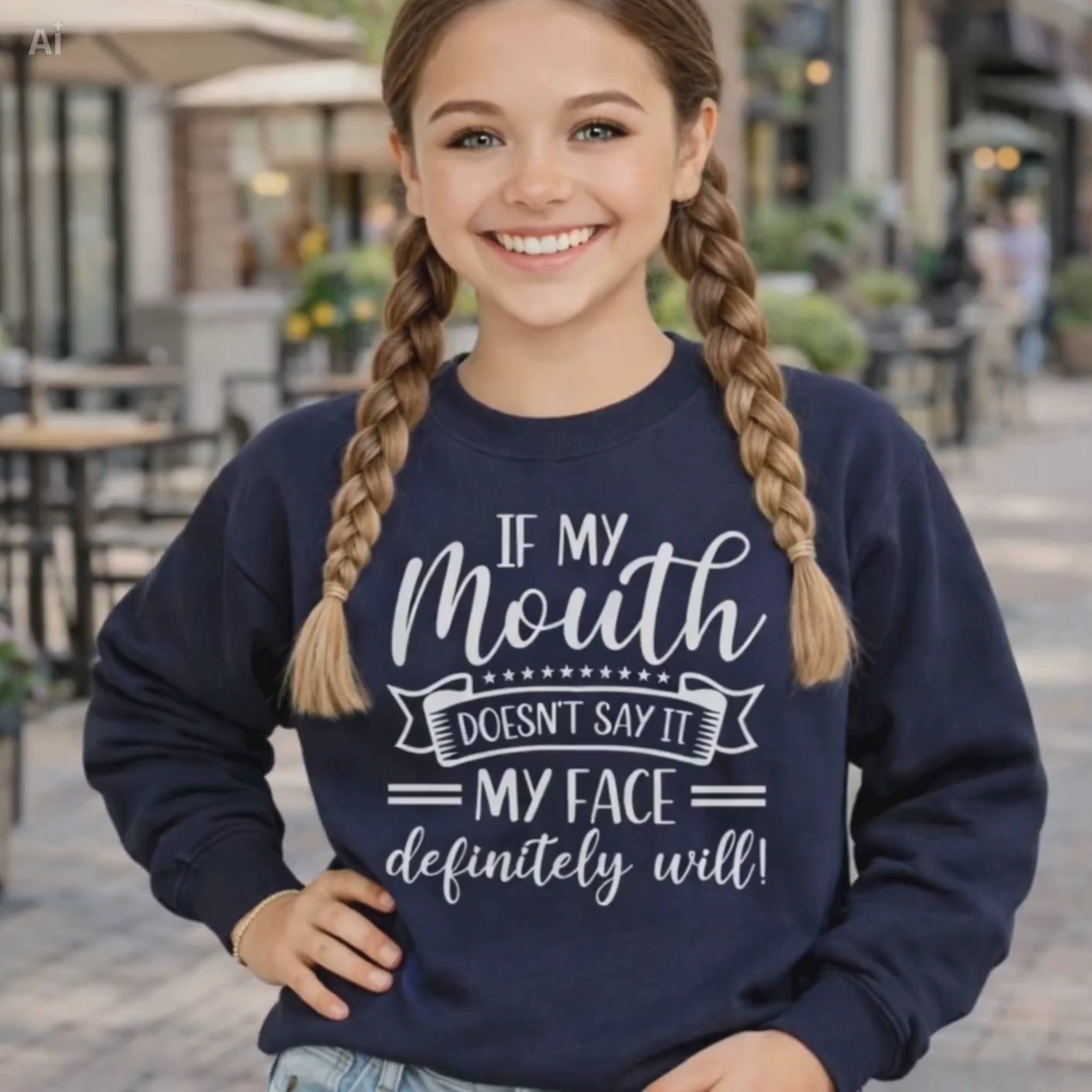 Young girl modeling shirt "If my mouth doesn't say it my face will"