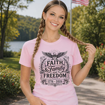 Woman modeling a faith family and freedom tshirt for America 250 celebrations