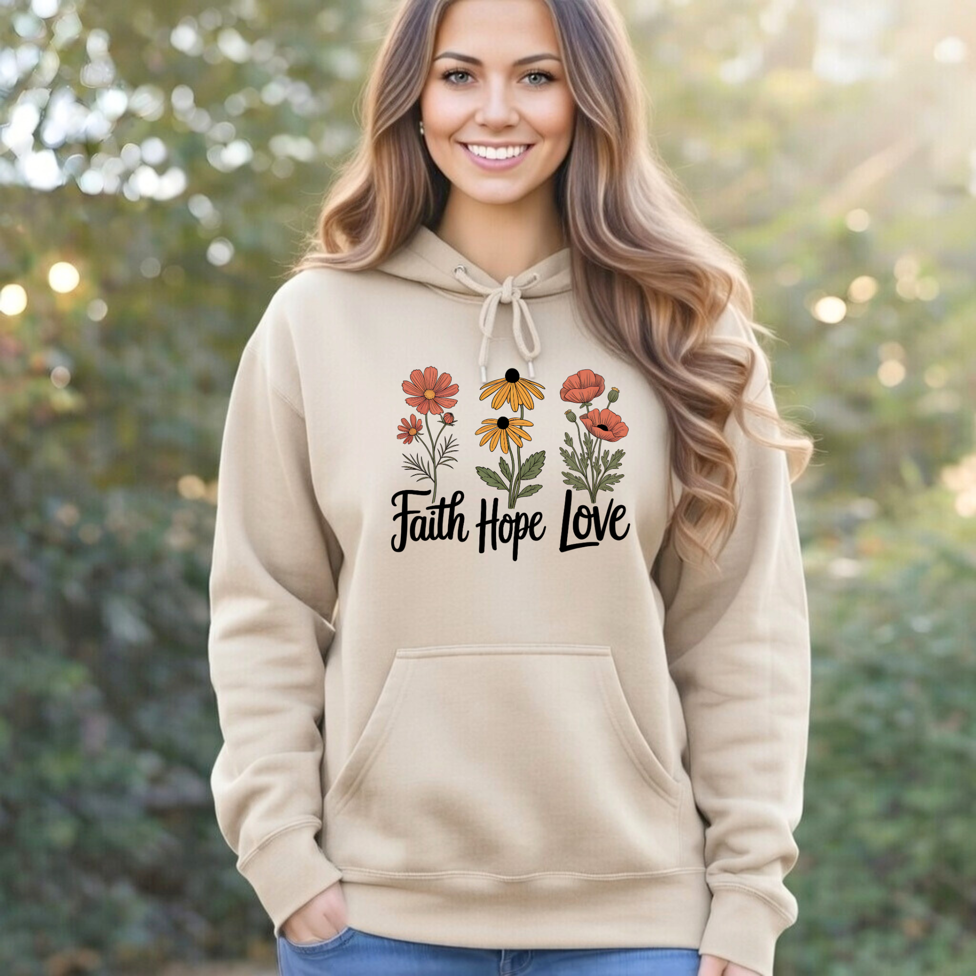 Woman wearing unisex graphic sweatshirt showing fit and fabric movement