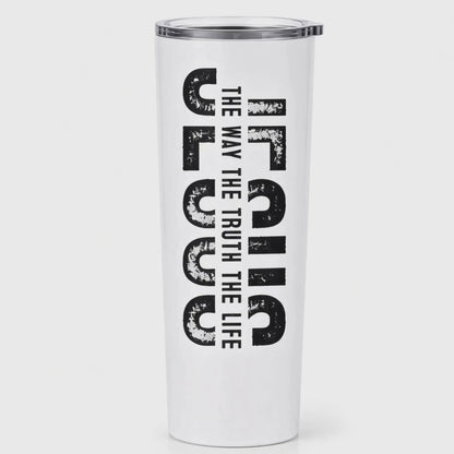 White 20 oz Jesus tumbler featuring “The Way The Truth The Life” Christian design shown in a rotating product video.