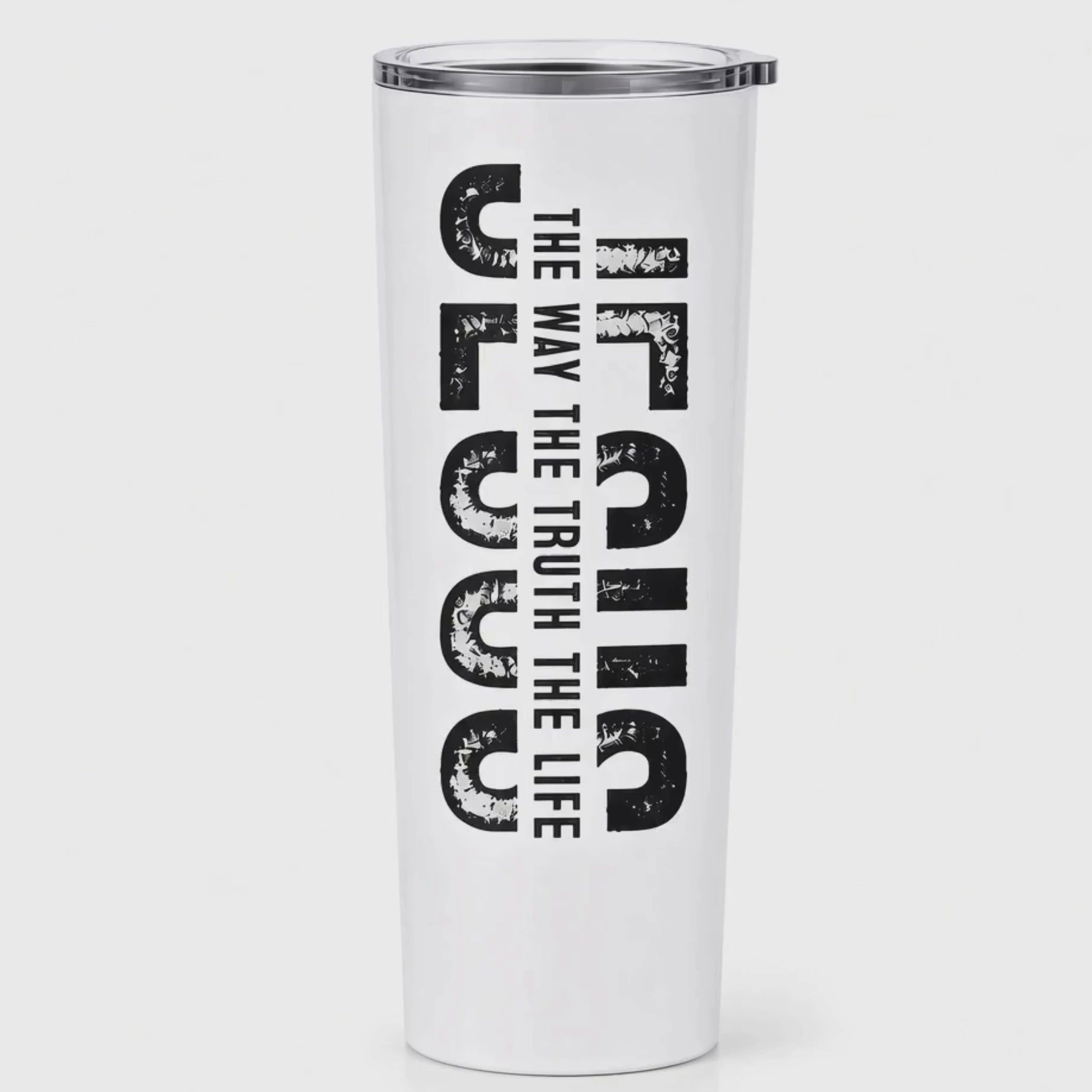 White 20 oz Jesus tumbler featuring “The Way The Truth The Life” Christian design shown in a rotating product video.