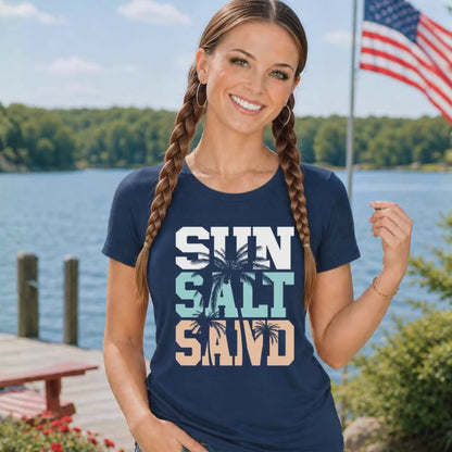 Video of woman wearing Sun salt sand tshirt on by the lake
