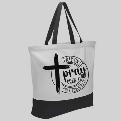 Pray On It Faith Tote Bag – Black & White Canvas Carryall