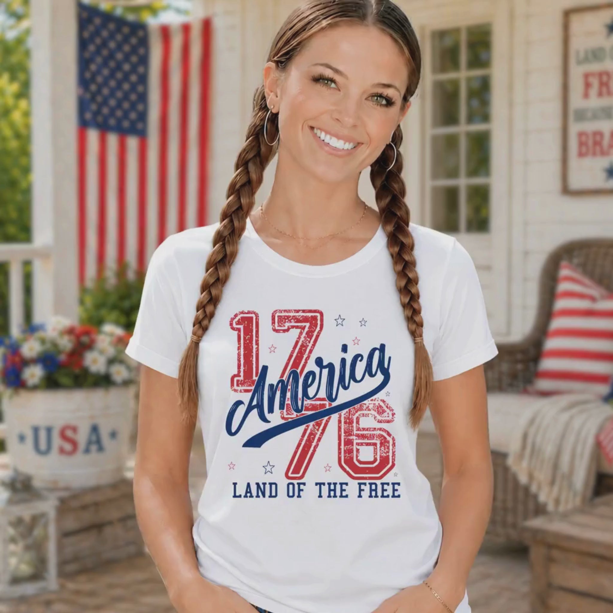 Woman modeling America 1776 Land of the Free Tshirt in white
