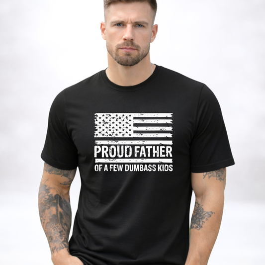 Man wearing a black t-shirt with text and an American flag graphic, "Proud Father" text