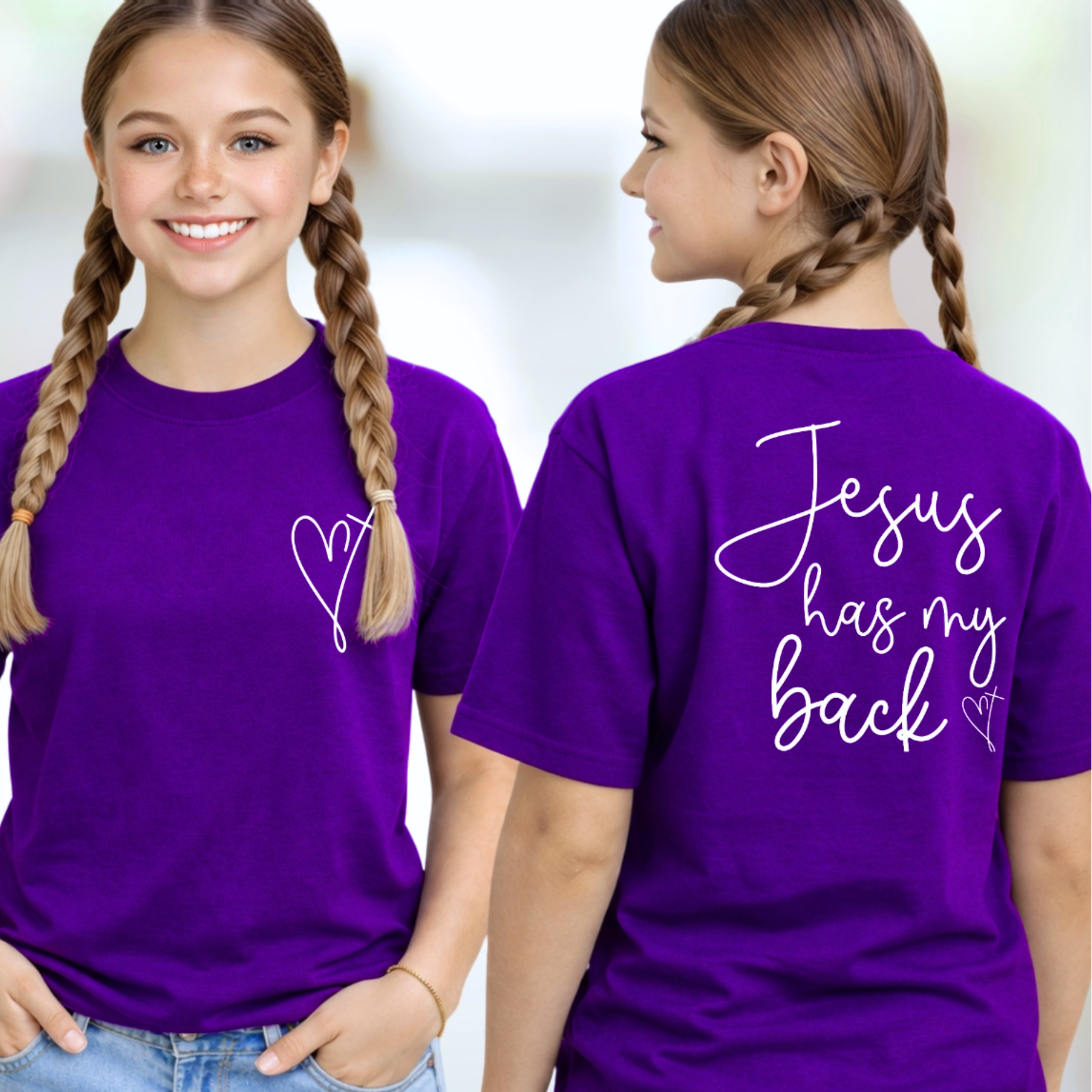 Girls purple Christian t-shirt front and back Jesus has my back youth faith graphic tee