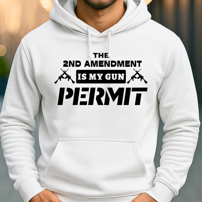 White hoodie with text 'The 2nd Amendment is my gun permit' on a blurred background