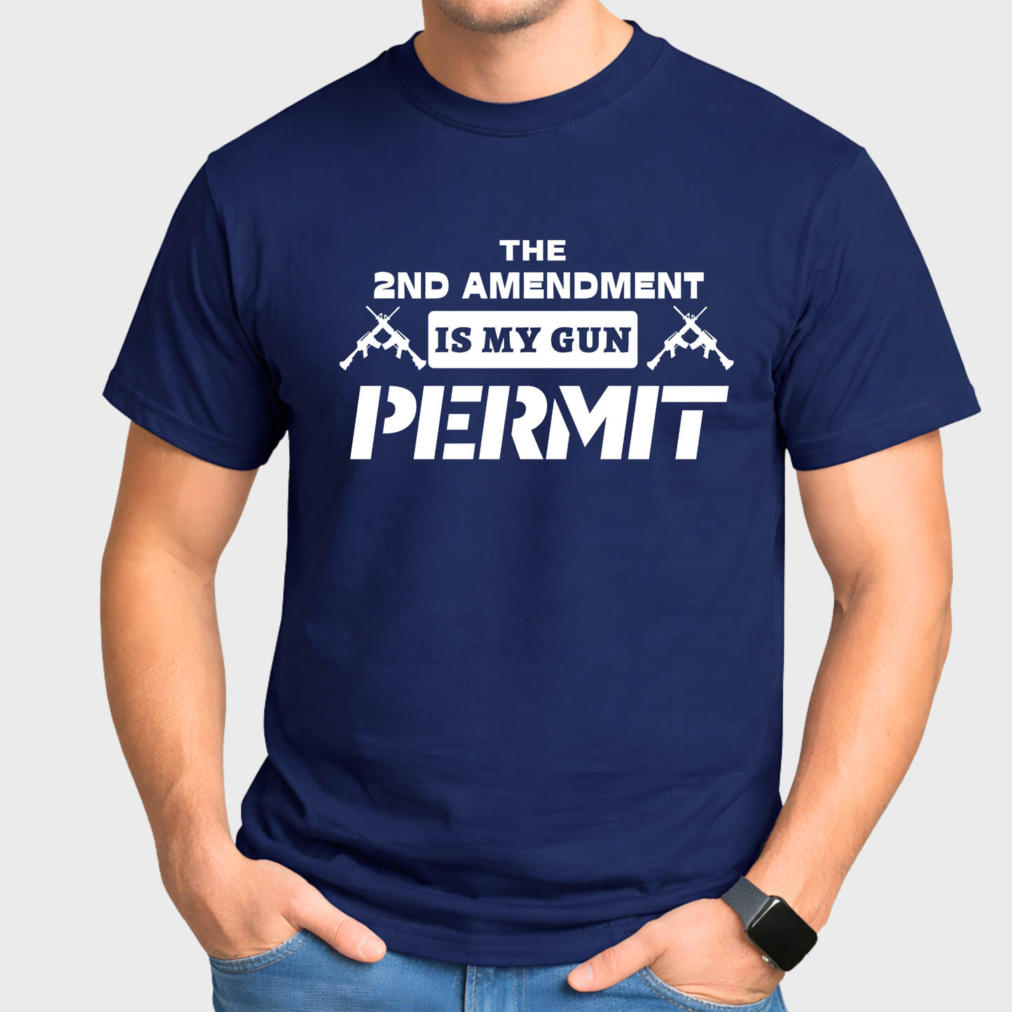 Navy blue t-shirt with white text and graphics on a plain background