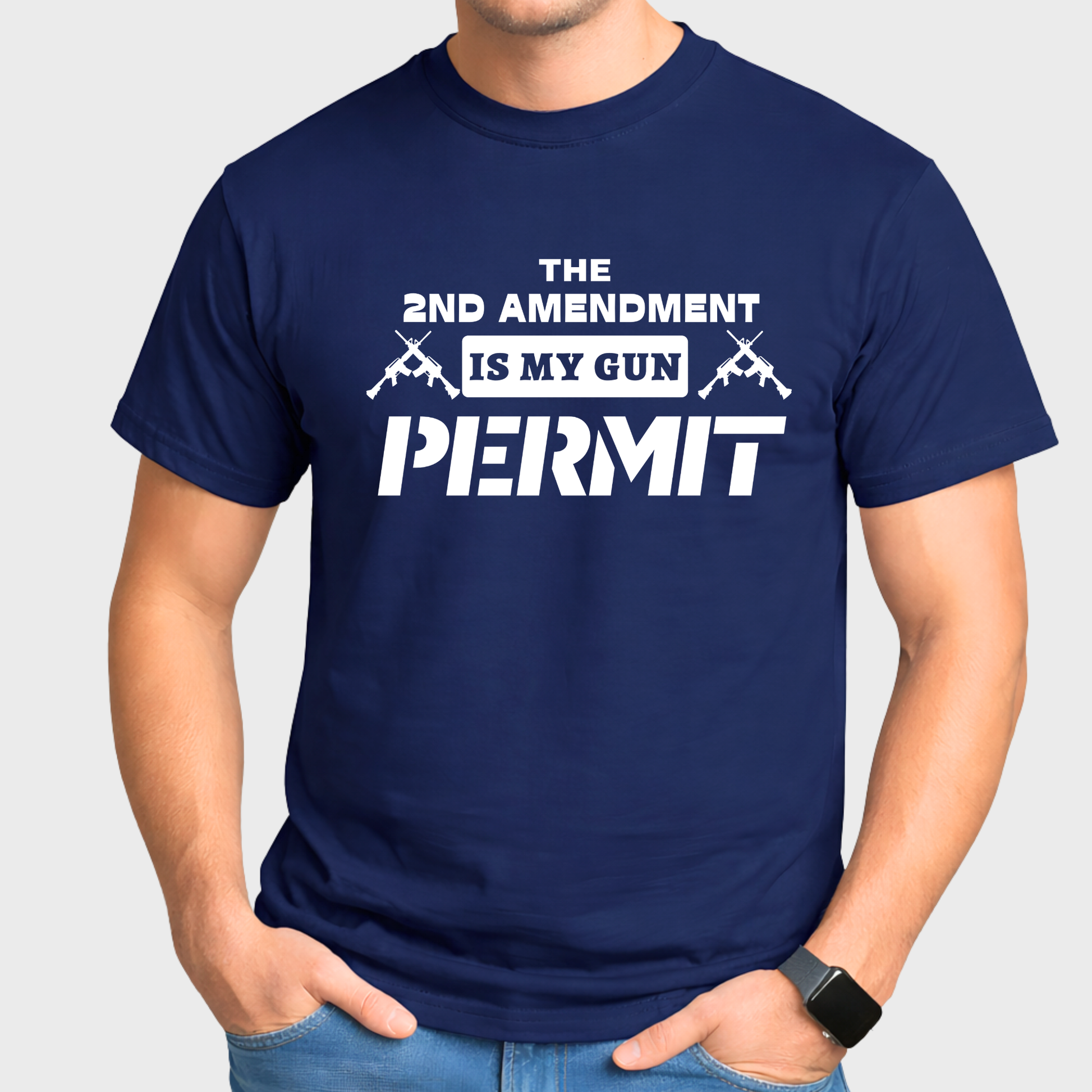 Navy blue t-shirt with white text and graphics on a plain background