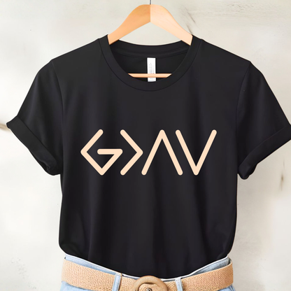 Black short sleeve t-shirt on hanger with gold God Is Greater Than the Highs and Lows front design